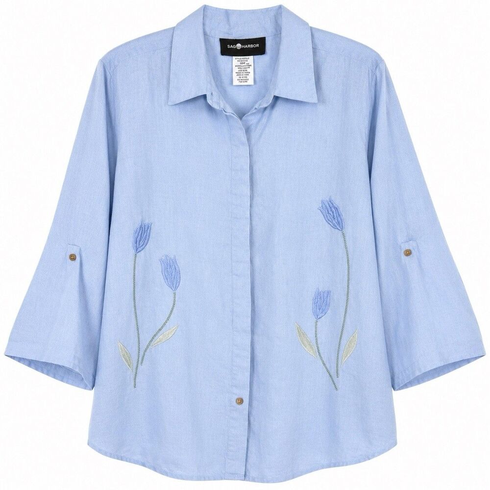 Vintage Sag Harbor Linen Shirt Women XL Button Floral Embroidered Lagenlook Top